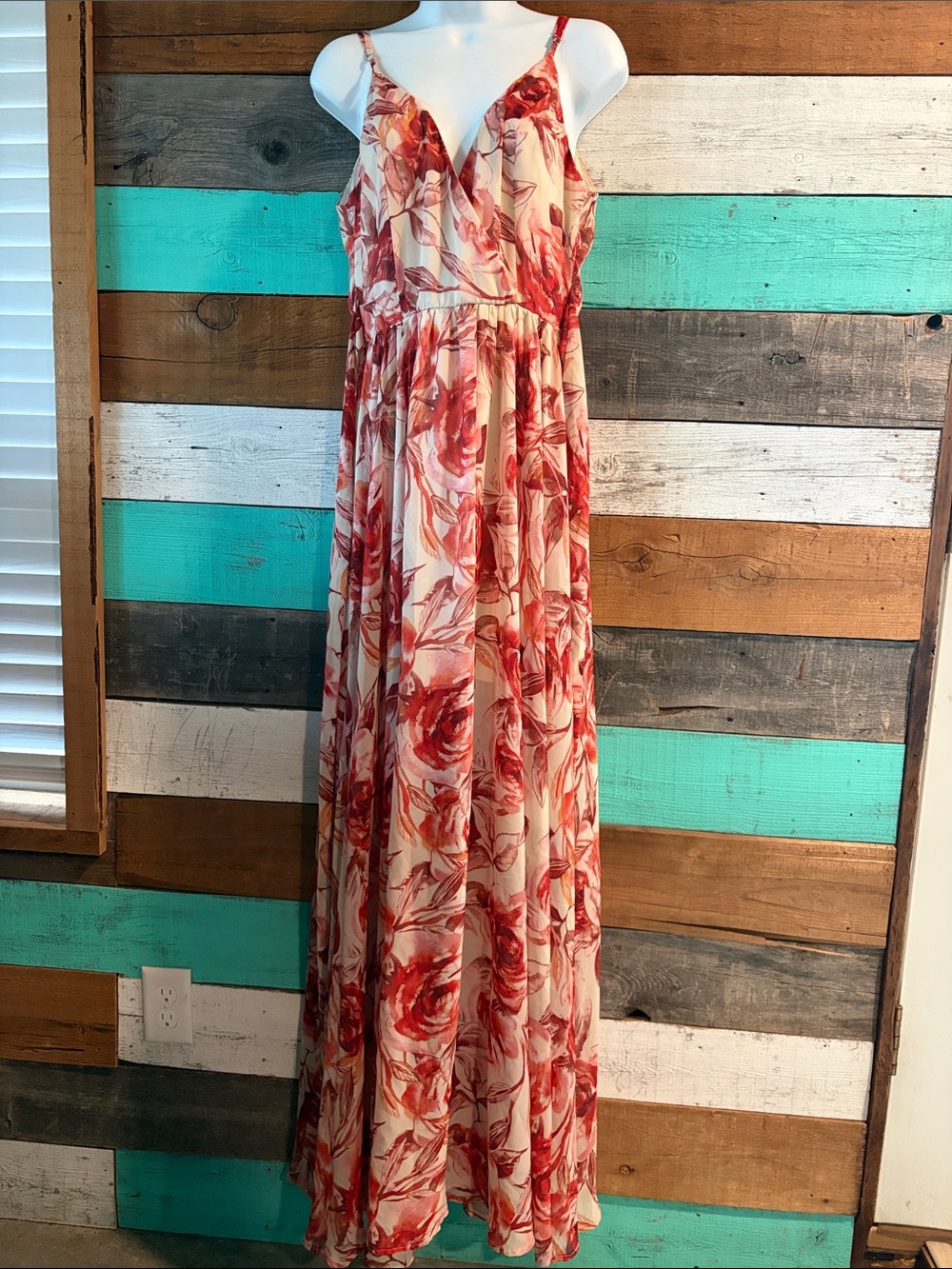 Windsor Floral Maxi Dress Size L Blush Coral Sleeveless V Neck